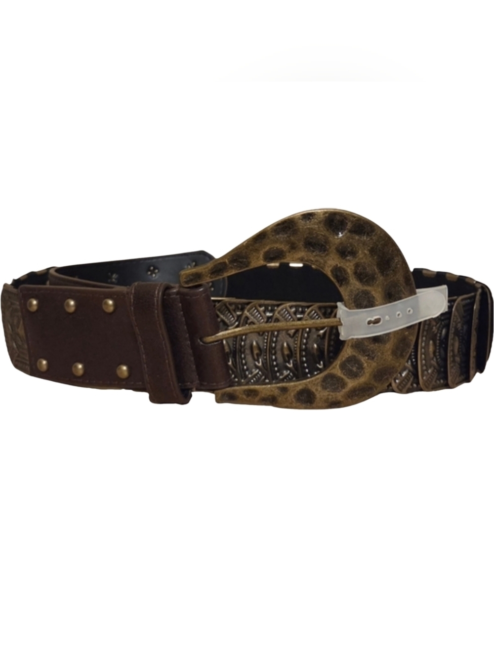 Brown Leather Studded Belt with Antique Gold Buckle (S-M)